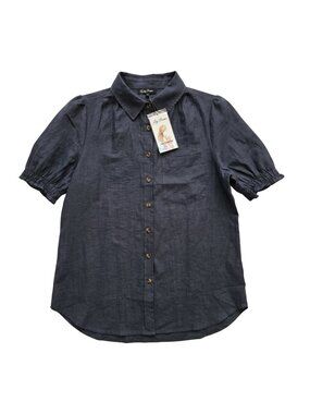 NWT | PrettyGarden Indigo Short Sleeve Button Down Blouse Smocked Cuff | Small